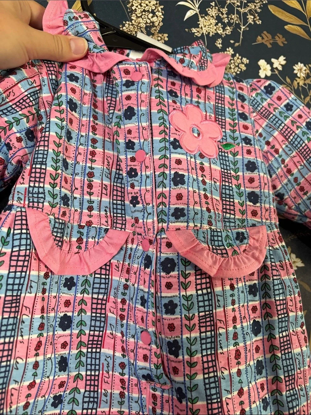 Vintage Pink & Blue Plaid Floral Baby One Piece Quilted Size 6-9 Months